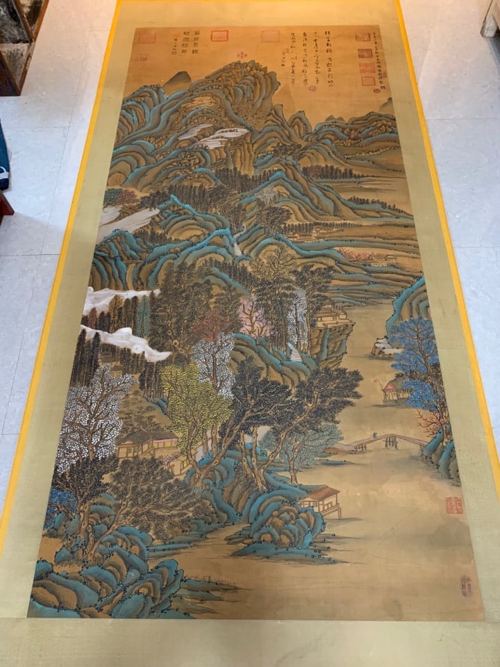 A Chinese Vertical Scroll Ink Painting of Landscape on Silk,Zhao Yong: A Chinese Vertical Scroll Ink Painting of Landscape on Silk,Zhao Yong,Size:(Without frame)88.6inx41.7in