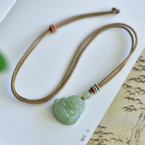 An Exquisite Greenish Jade Maitreya Buddha Pendant
