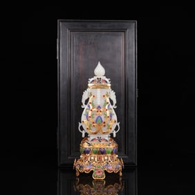 An Exquisite White Jade Inlaid Gems Flower Pattern Double-Ears Bottle