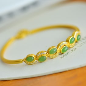 An Exquisite Sterling Silver-Gold Plated Inlaid Jasper Bracelet,Inlaid Diamond