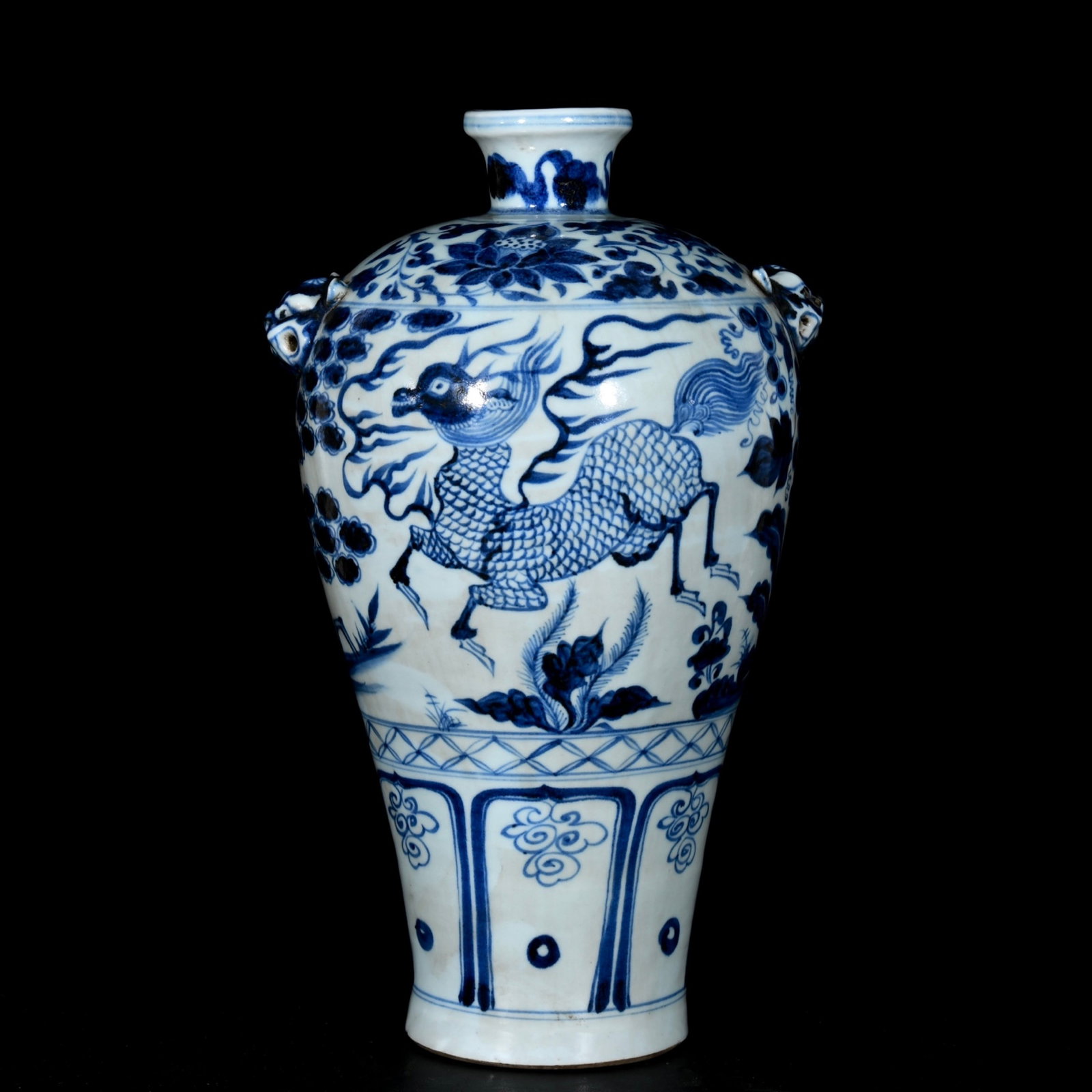 A Rare Blue and White Lotus and Deer Pattern Beast-Ears Vase: A Rare Blue and White Lotus and Deer Pattern Beast-Ears Vase,Yuan Dynasty,China,Size:13.8inx8.3in 青花缠枝莲鹿纹兽耳瓶,中国Ð