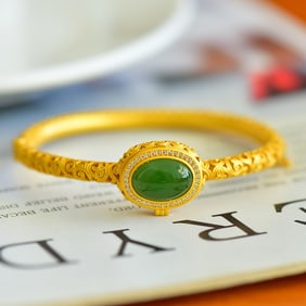 An Exquisite Sterling Silver-Gold Plated Inlaid Jasper Bracelets,Inlaid Diamond