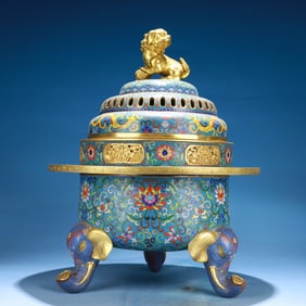 An Exquisite Cloisonne Lotus Pattern Tripod Censer
