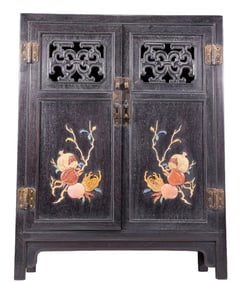 An exquisite zitanwood cabinet inlaid with gems and patterns of fortune, wealth, longevity and