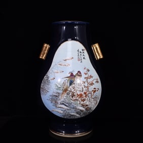 A Rare Ji Blue Glazed Famille-Rose Flower and Bird Pattern Double-Ears Vase,with poem