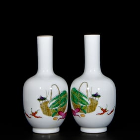 A Pair of Exquisite Enamel Cabbage and Insect Pattern Vases,With Poem