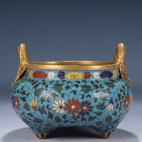 An Exquisite Cloisonne Flower Pattern Dragon-Ears and Tripod Censer