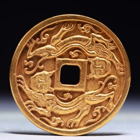An Exquisite Gilt Bronze Auspicious Beast Pattern Cash Coin