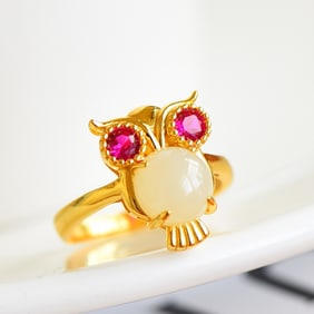 An Exquisite Sterling Silver-Gold Plated Inlaid White Jade Ring,Inlaid Diamond
