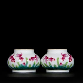 A Pair of Exquisite Enamel Goldfish Pattern Jars,With Poem