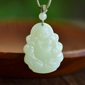 An Exquisite Greenish Jade Maitreya Buddha Pendant