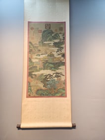 A Chinese Vertical Scroll Ink Painting of Landscape and Figure on Silk,Zhang Sengyao
