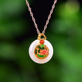 An Exquisite Sterling Silver-Gold Plated Inlaid White Jade Enamel Pendant