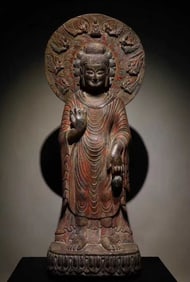 A Solemn Limestone Painted Color Statue of Avalokitesvara