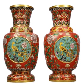 A Pair of Rare Cloisonne Lotus Bats and Peach Pattern Vase