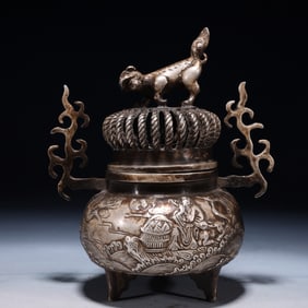 An Exquisite Silver-plated Bronze Character and Story Pattern Double-Ears and Tripod Censer