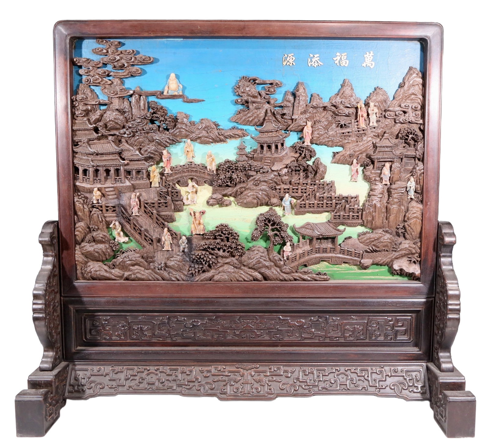 An exquisite zitanwood lacquered and gold-embedded table screen with a pattern of immortals (1 of 12)