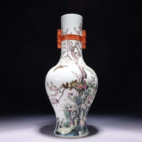An Exquisite Famille-Rose Flower and Bird Pattern Double-Ears Vase,with poem