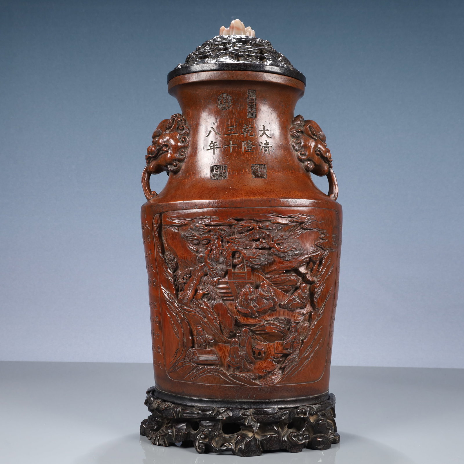 A Huge Bamboo Landscape and Figure Pattern Lion-Ears Bottle,With Poem,With Base: A Huge Bamboo Landscape and Figure Pattern Lion-Ears Bottle,With Poem,With Base,Qing Dynasty, China,Qianlong Mark,Size:7.9inx6.3inx16.9in,Weight:2650g