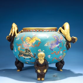 An Exquisite Cloisonne Auspicious Beast Pattern Double-Ears and Tripod Censer