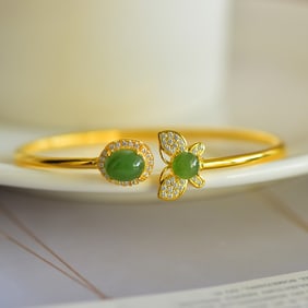 An Exquisite Sterling Silver-Gold Plated Inlaid Jasper Bracelet,Inlaid Diamond
