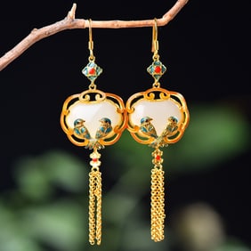 A Pair of Exquisite Sterling Silver-Gold Plated Inlaid White Jade Enamel Earrings