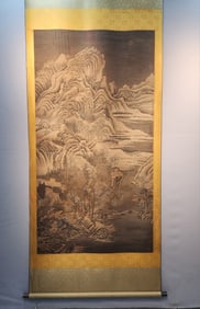 A Chinese Vertical Scroll Ink Painting of Landscape and Figure on Silk,Li Cheng