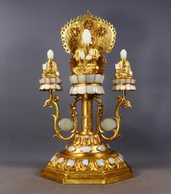 A Huge Gilt Bronze Inlaid White Jade Auspicious Cloud Pattern Buddha Statue
