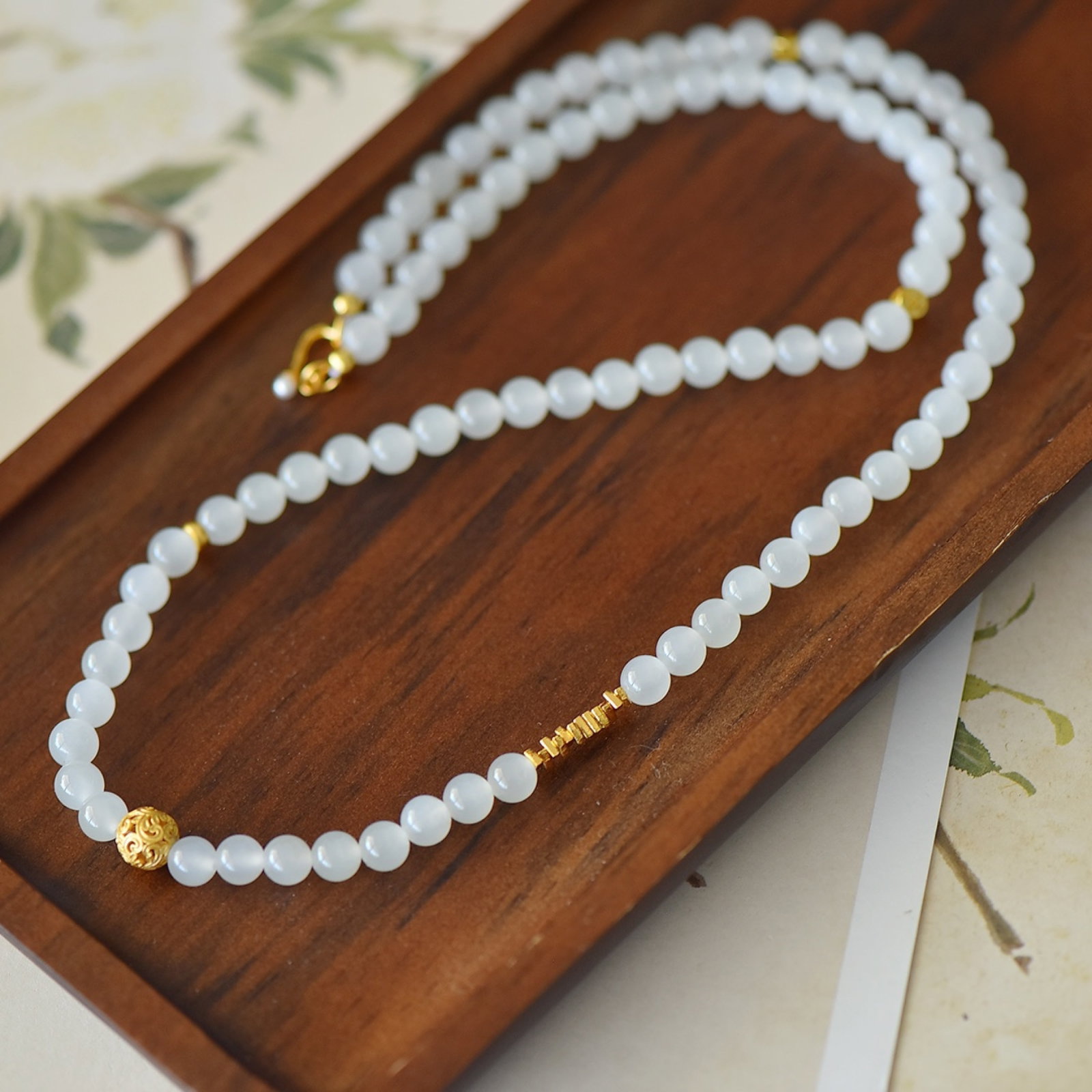 An Exquisite Sterling Silver-Gold Plated Inlaid White Jade Bracelets: An Exquisite Sterling Silver-Gold Plated Inlaid White Jade Bracelets,Size:6mm 纯银镀金镶白玉手串