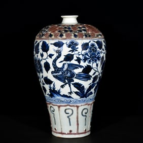 A Huge Blue and White Underglaze-Red Peony and Peacock Pattern Vase