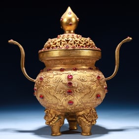 An Exquisite Gilt Bronze Dragon Pattern Double-Ears and Tripod Censer,Inlaid Gems
