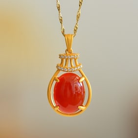 An Exquisite Sterling Silver-Gold Plated Inlaid Red Agate Necklace,Inlaid Diamond