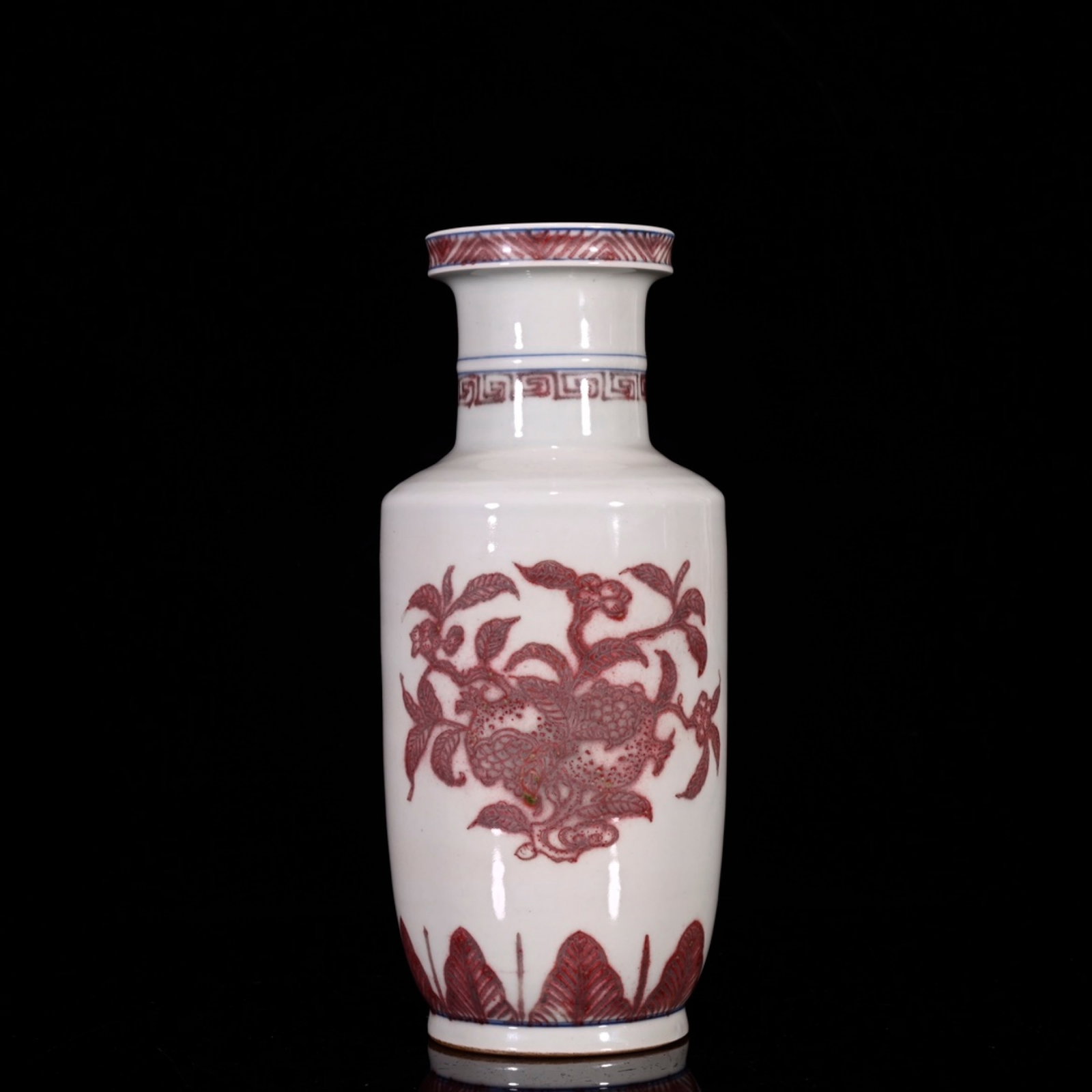 An Exquisite Underglaze-Red Flower and Fruit Pattern Vase: An Exquisite Underglaze-Red Flower and Fruit Pattern Vase,Qing Dynasty,China,Size:9.3inx4.1in 釉里红花果纹瓶,中国清代