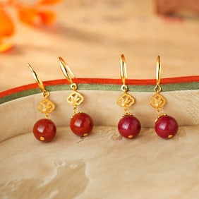 A Pair of Exquisite Sterling Silver-Gold Plated Inlaid Cinnabar Earrings