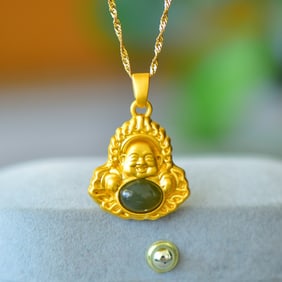 An Exquisite Bronze-Gold Plated Inlaid Jasper Statue of Maitreya Buddha Necklace