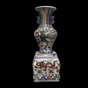 An Exquisite Blue and White Doucai Auspicious Cloud,Dragon and Phoenix Pattern Double-Ears Vase