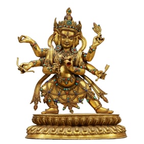 A Solemn Gilt Bronze Statue of Three-Headed and Six-Armed Vajra,Inlaid Turquoise