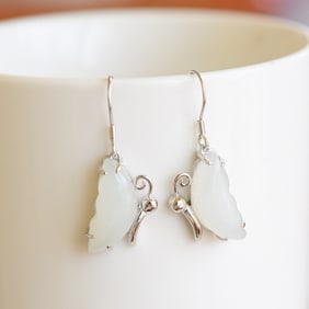 A Pair of Exquisite Sterling Silver Inlaid White Jade Earrings