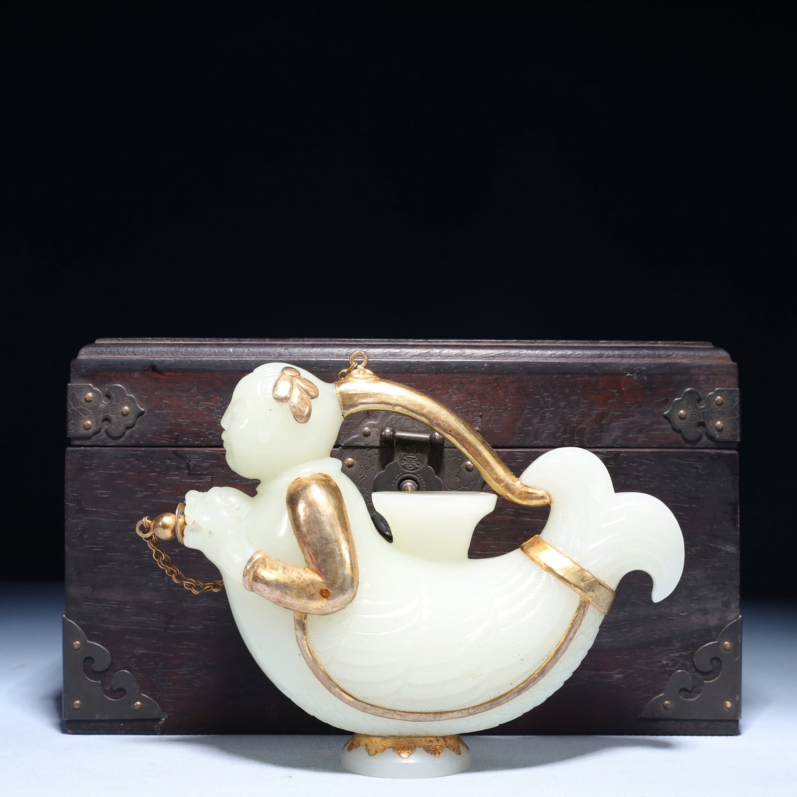 An Exquisite White Jade Cover with Gold Figure Pot (1 of 13)