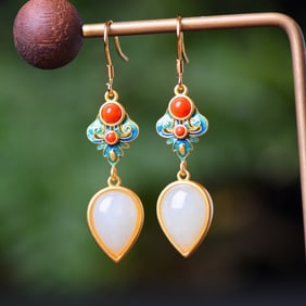 A Pair of Exquisite Sterling Silver-Gold Plated Inlaid White Jade Enamel Earrings,Inlaid Agate