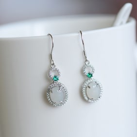 A Pair of Exquisite Sterling Silver Inlaid White Jade Earrings,Inlaid Diamond