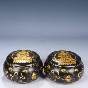 A Pair of Exquisite Black Lacquer Painted Gold Eight Treasures and Buddha Pattern Go
