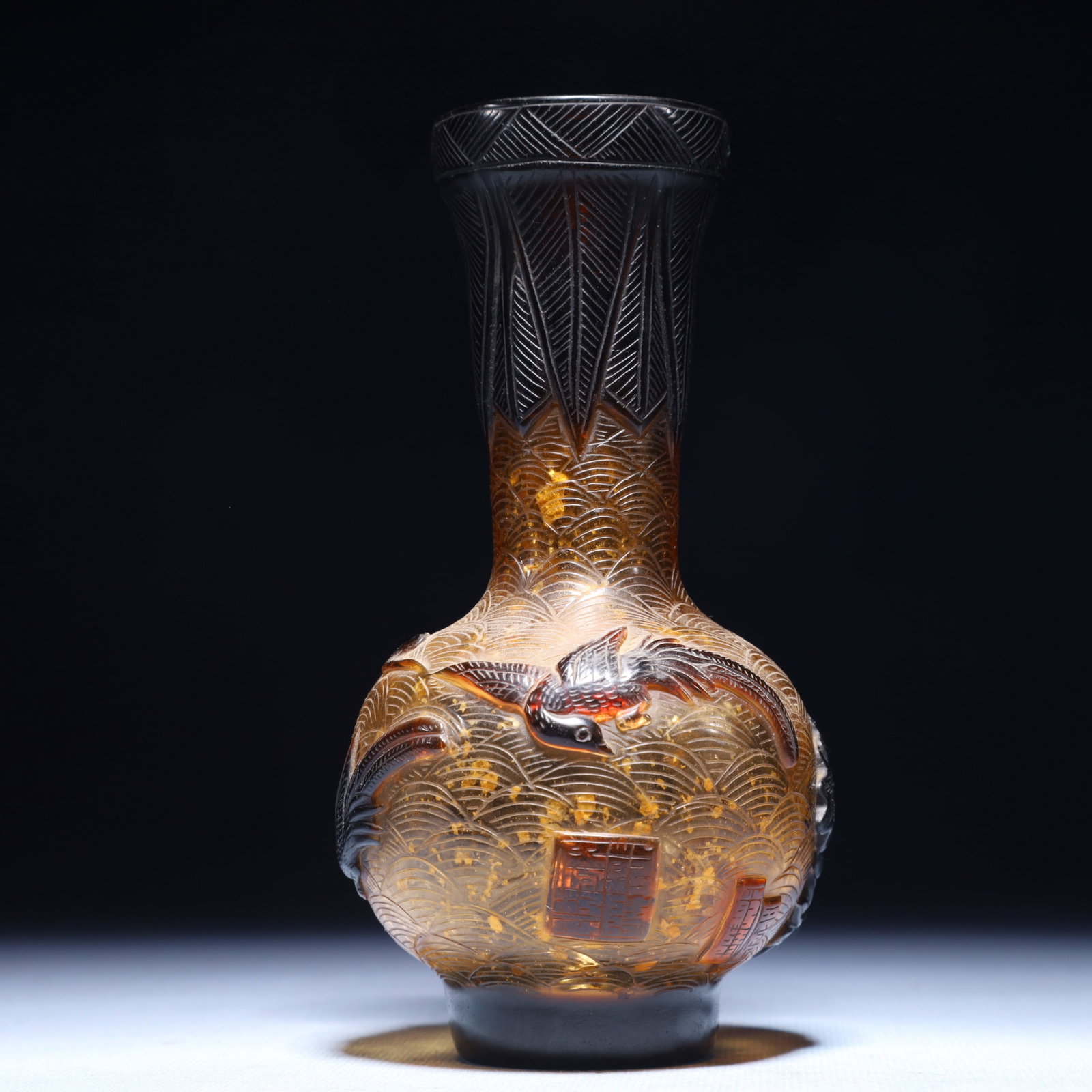 An Exquisite Glass Flower and Bird Pattern Vase: An Exquisite Glass Flower and Bird Pattern Vase,Qing Dynasty,China,Qianlong Four-character Mark,Size:2.8inx5.9in,Weight:250g 琉璃花鸟纹瓶,中国清&#