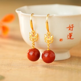 A Pair of Exquisite Sterling Silver-Gold Plated Inlaid Cinnabar Earrings