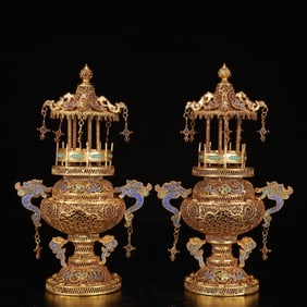 A Pair of Exquisite Cloisonne Gilt Dragon Tower Ornaments,Inlaid Gems