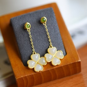 A Pair of Exquisite Sterling Silver-Gold Plated Inlaid White Jade Earrings