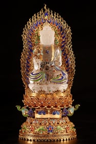 A Rare Filigree and Gilding Inlaid Crystal Buddha Statue,Inlaid Gems