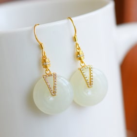 A Pair of Exquisite Sterling Silver-Gold Plated Inlaid White Jade Earrings,Inlaid Diamond
