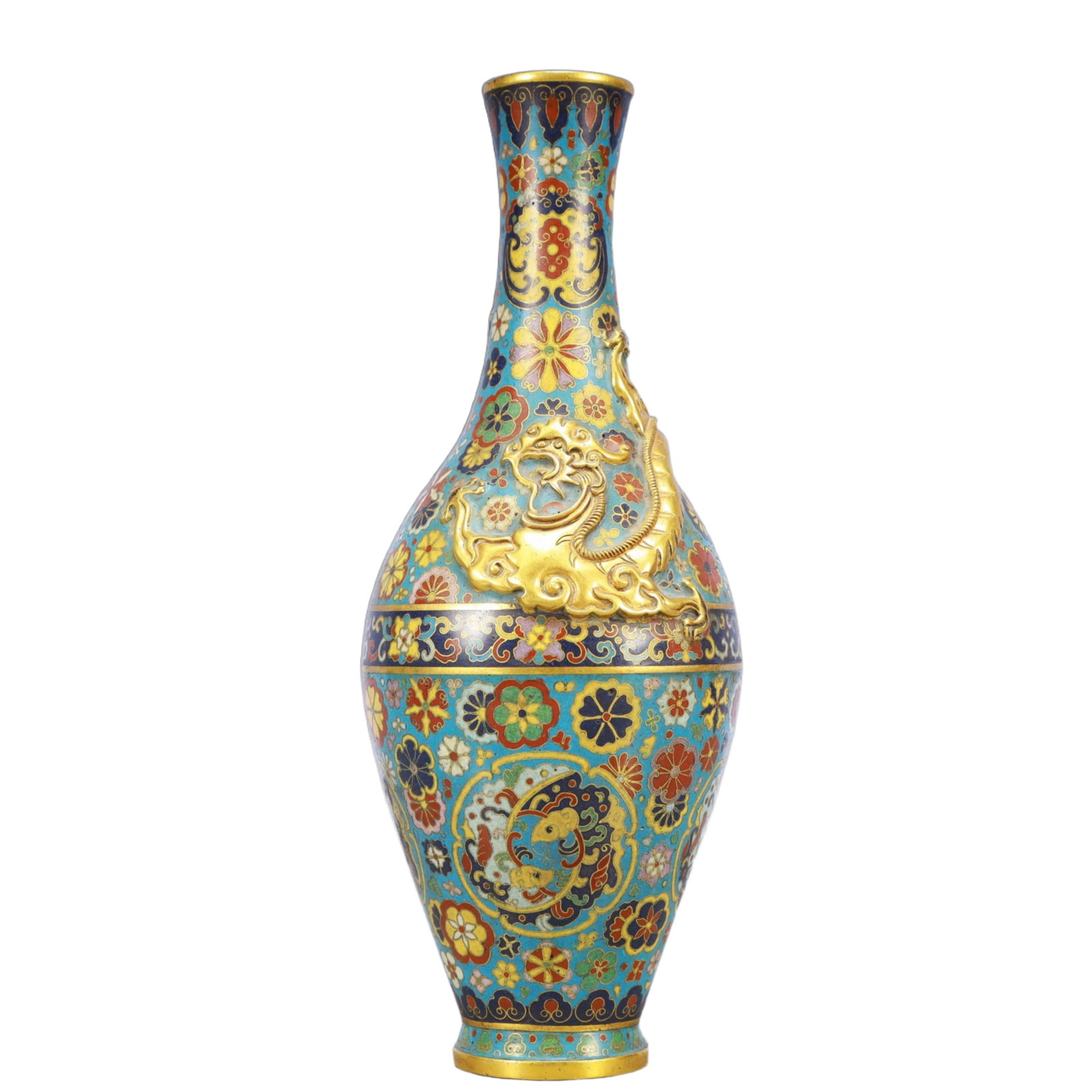 An Exquisite Cloisonne Chi-Dragon and Flower Pattern Vase: An Exquisite Cloisonne Chi-Dragon and Flower Pattern Vase,Qing Dynasty, China,Qianlong Four-character Mark,Size:4.3inx11.8in,Weight:1100g 景泰蓝螭龙花卉ಬ