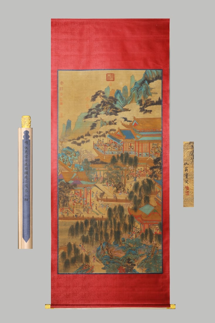 A Chinese Vertical Scroll Ink Painting of Landscape and Figure on Silk,Chou Ying (1 of 11)